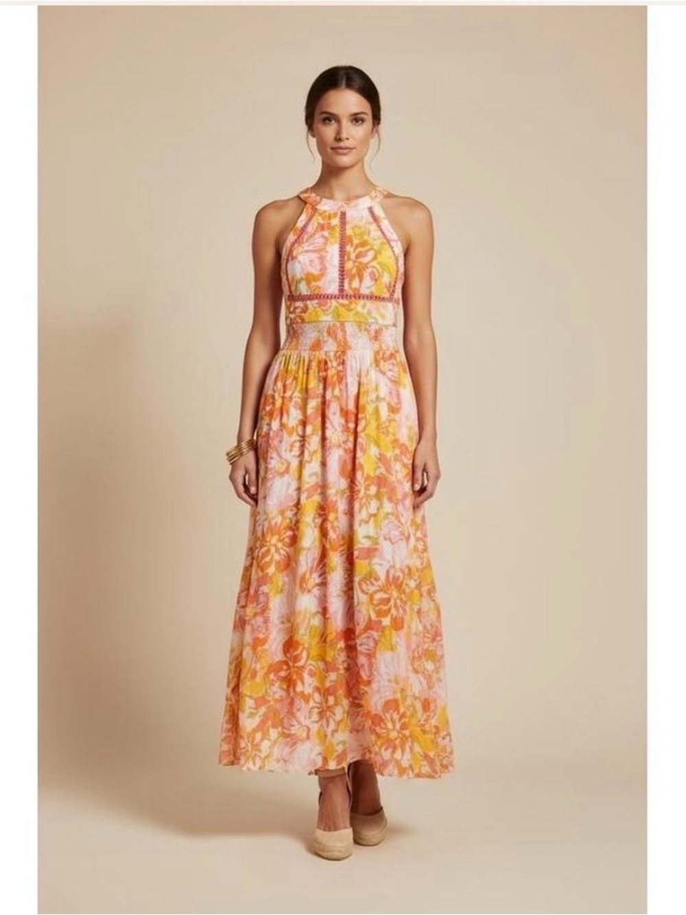 Halter Floral Maxi Dress in Peach and Yellow